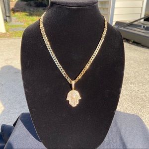 Gold Chain Cuban 20in 7mm and Icy Hamsa Pendant Set